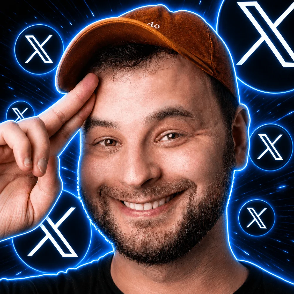 Thau batendo continência, com ícones do X ao fundo