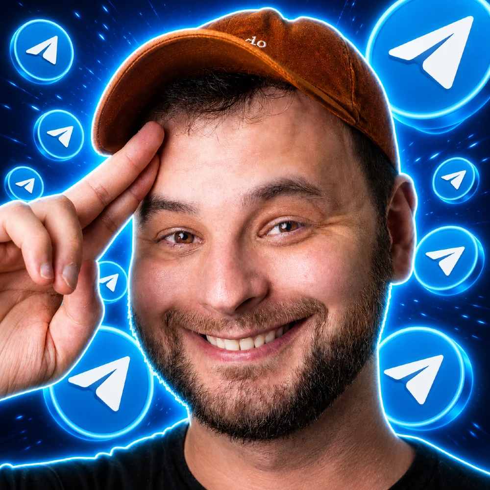 Thau batendo continência, com ícones do Telegram ao fundo