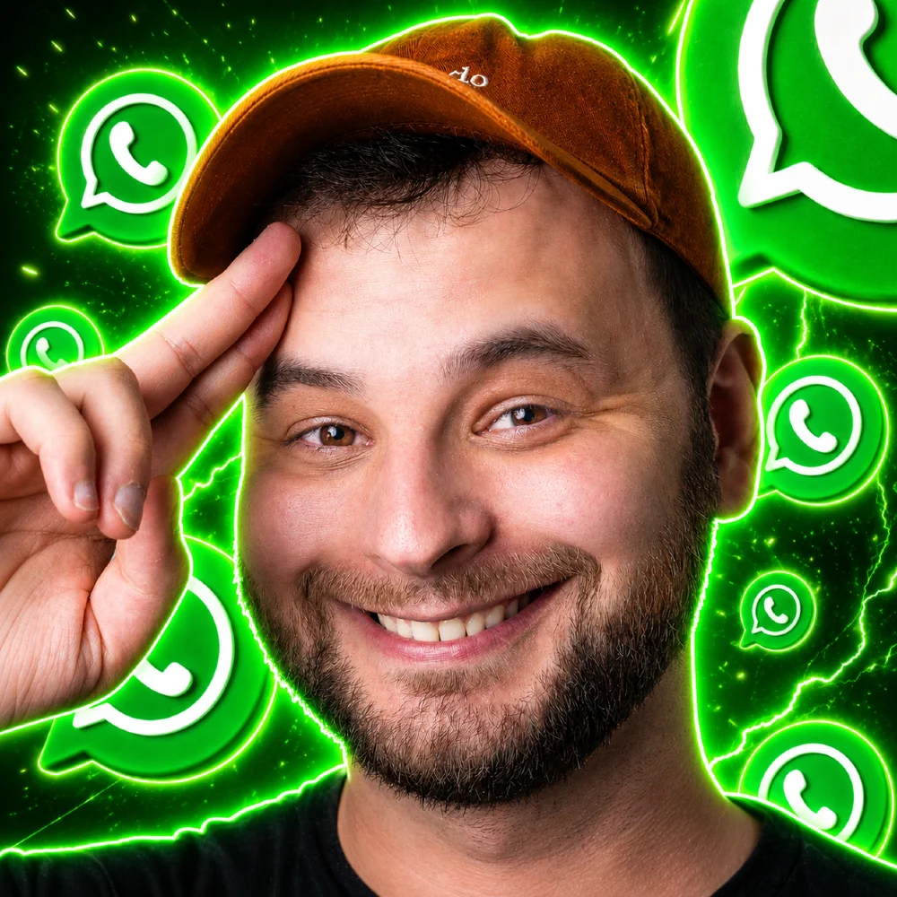 Thau batendo continência, com ícones do WhatsApp ao fundo
