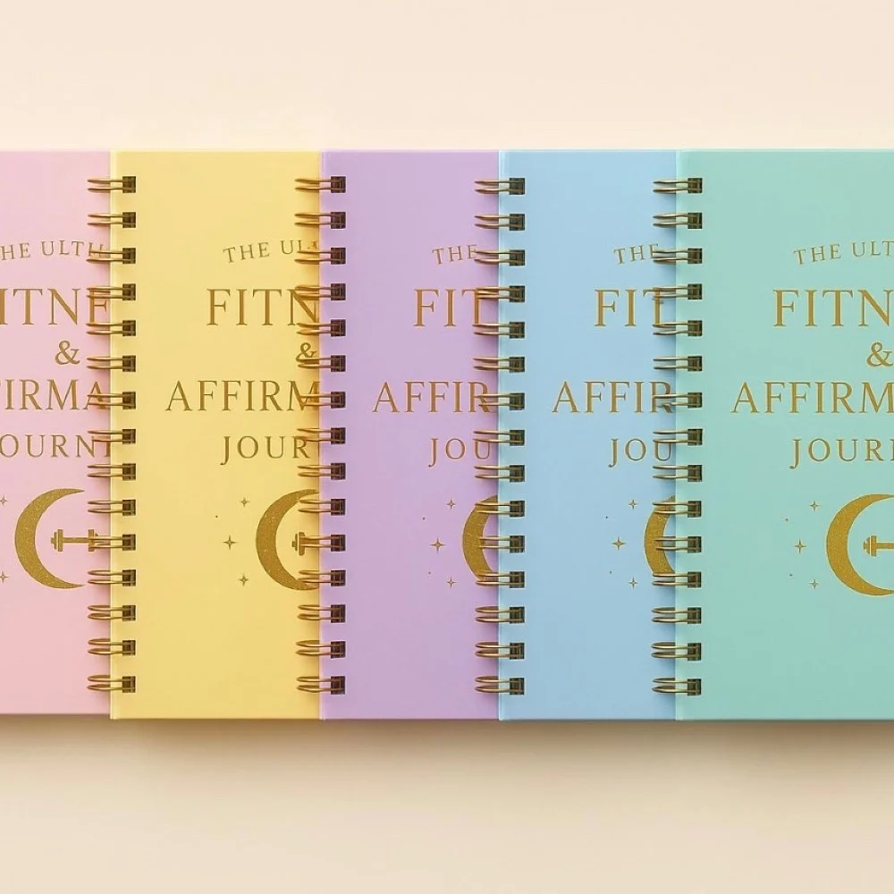 Five pastel spiral-bound Fitness & Affirmation journals