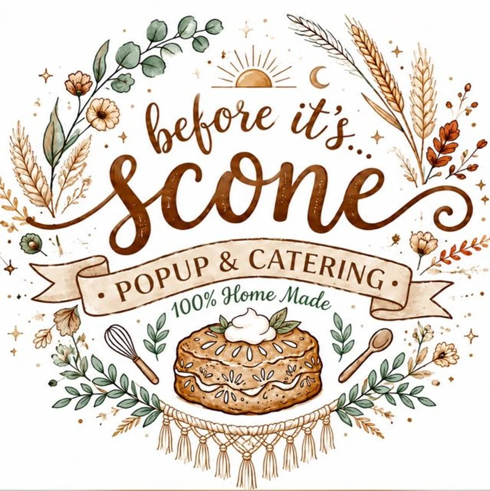 Illustrated Before it’s Scone pop-up and catering mark surrounded by wheat, flowers and baking details