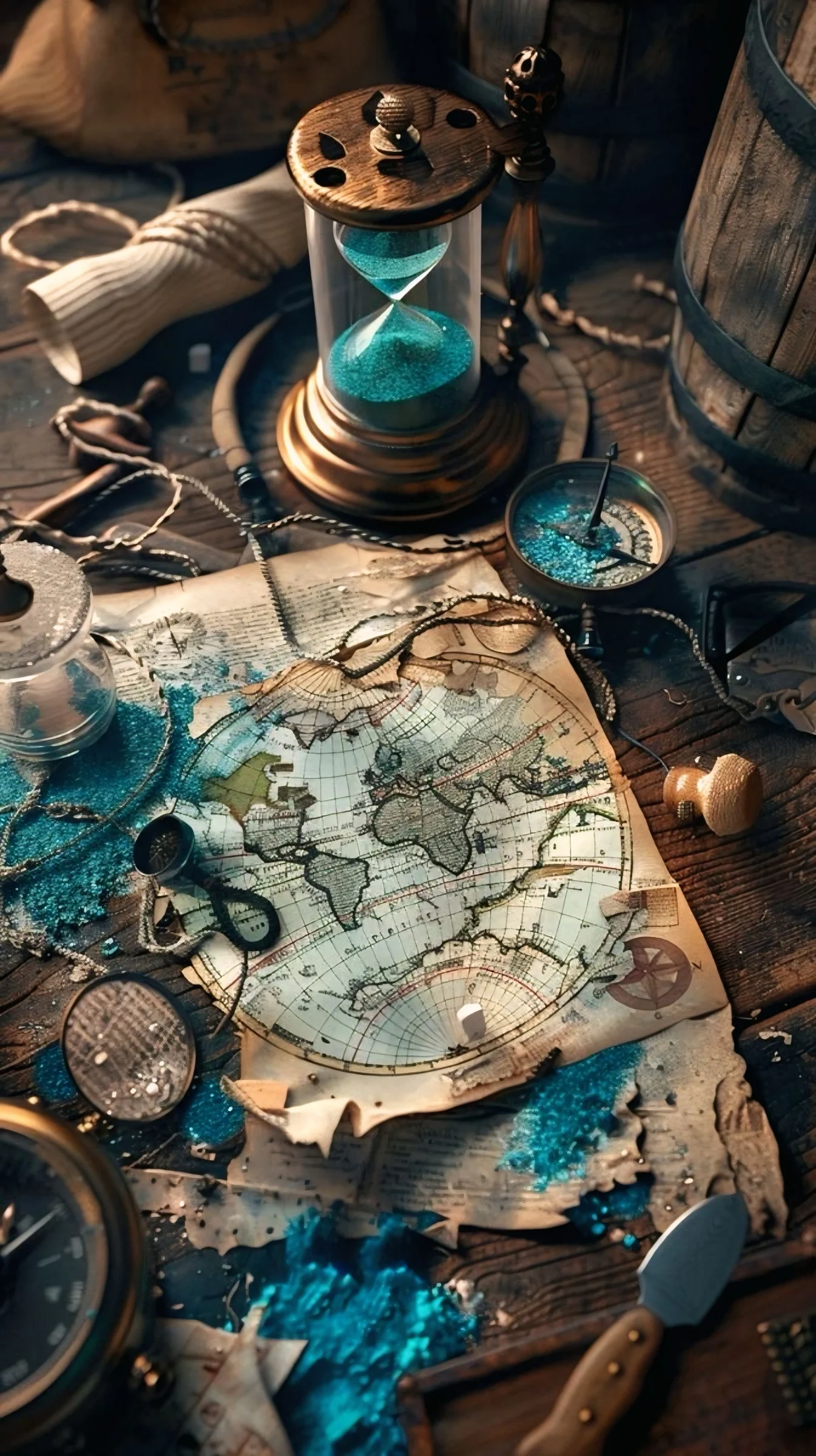 Vintage map, compass and hourglass arranged on a table