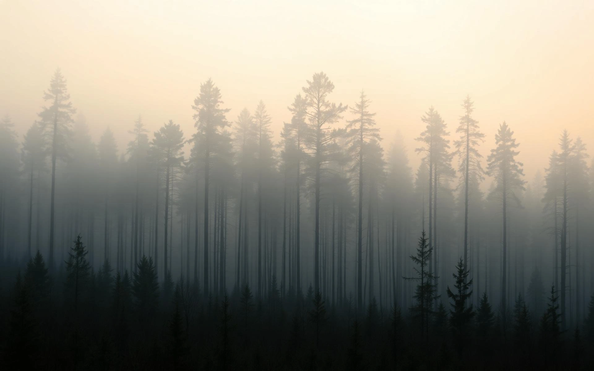 A misty pine forest at dawn