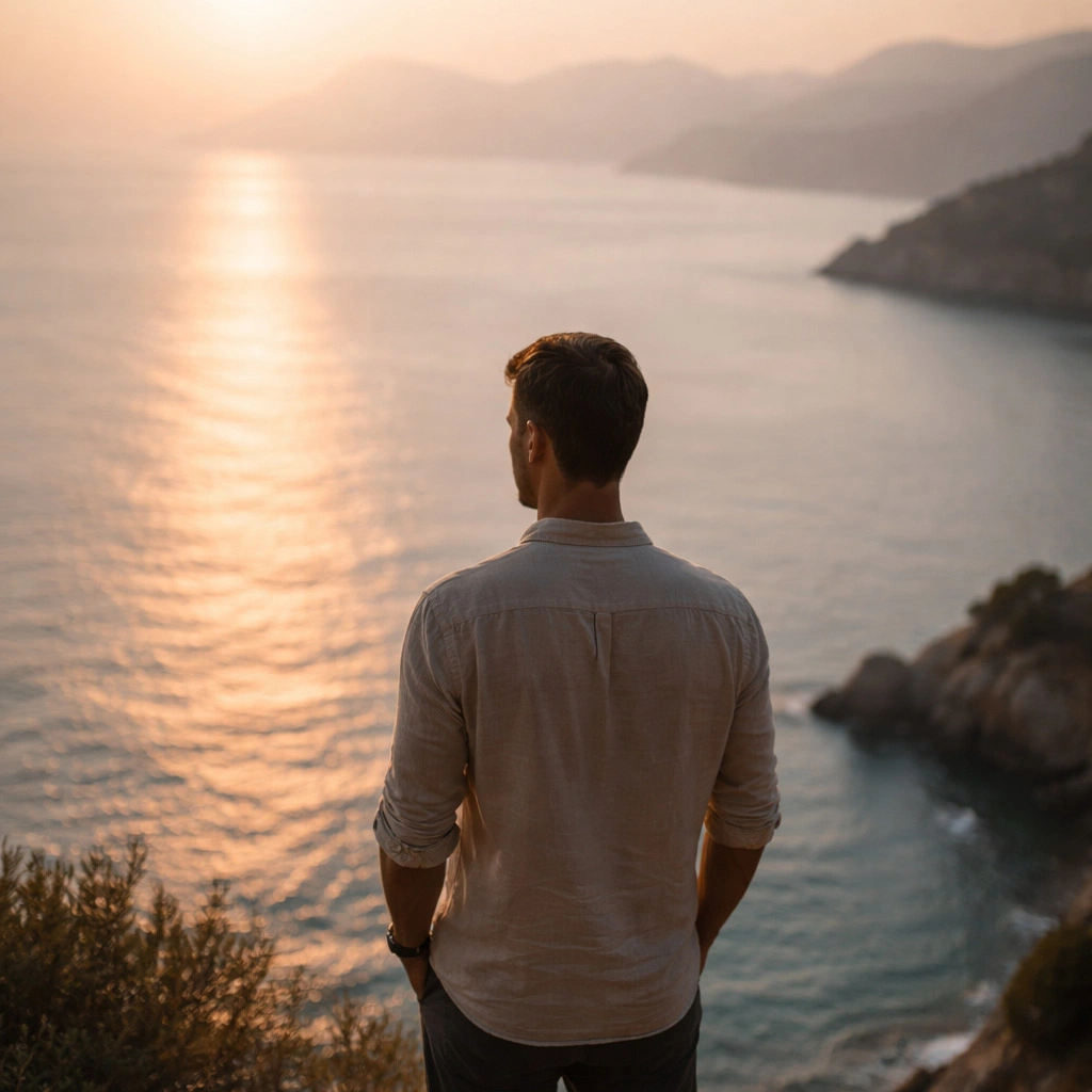 Nikolay Ayerov seen from behind, looking out over the sea at sunset