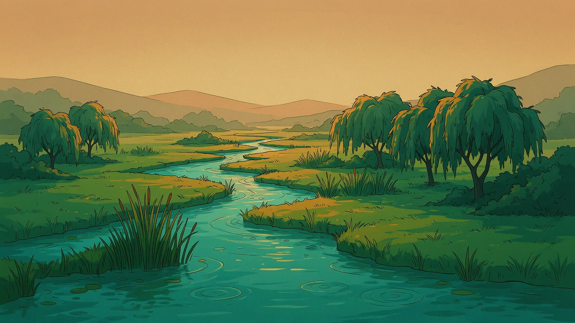 Warm illustrated wetland landscape with a winding waterway at sunset