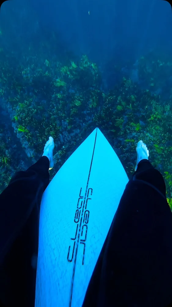 Point-of-view surfboard above a clear underwater reef