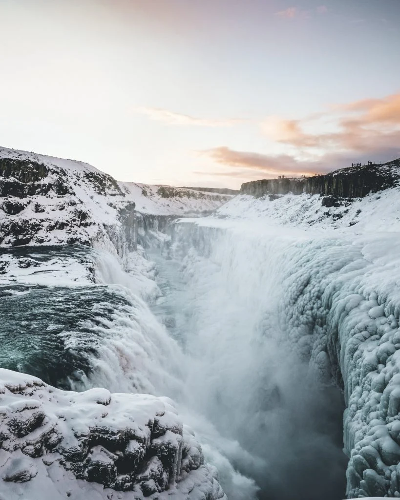 Snow-covered Gullfoss waterfall and gorge in winter