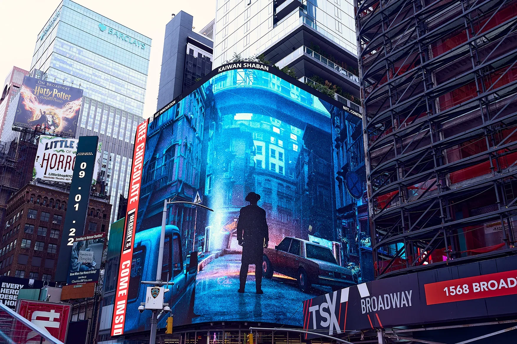 Kaiwan Shaban artwork displayed on a large Times Square billboard