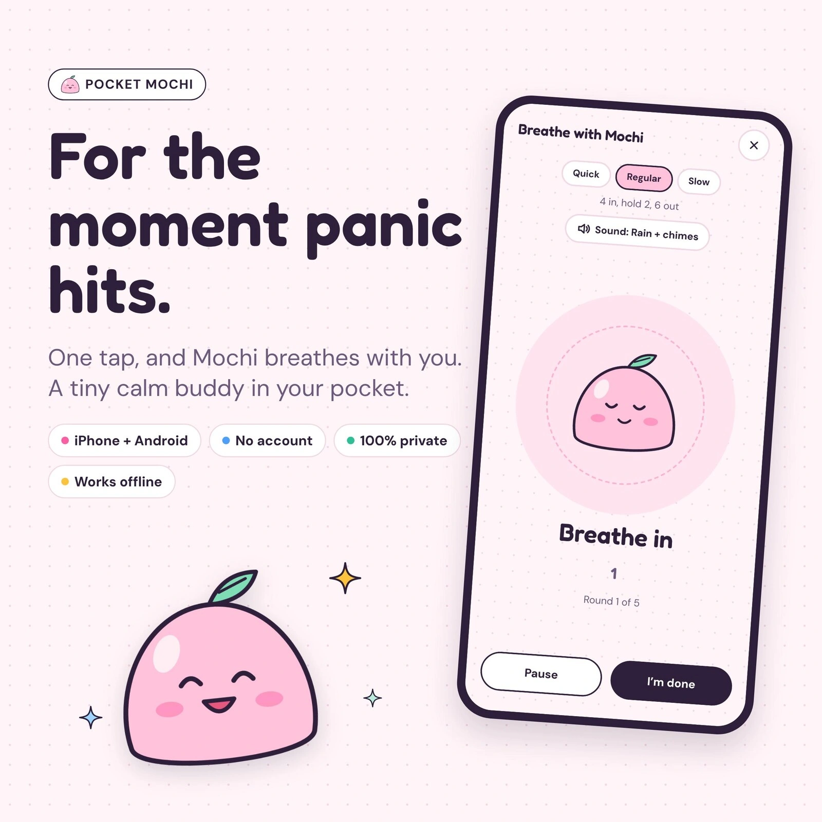 Pocket Mochi app on a phone with the pink Mochi character