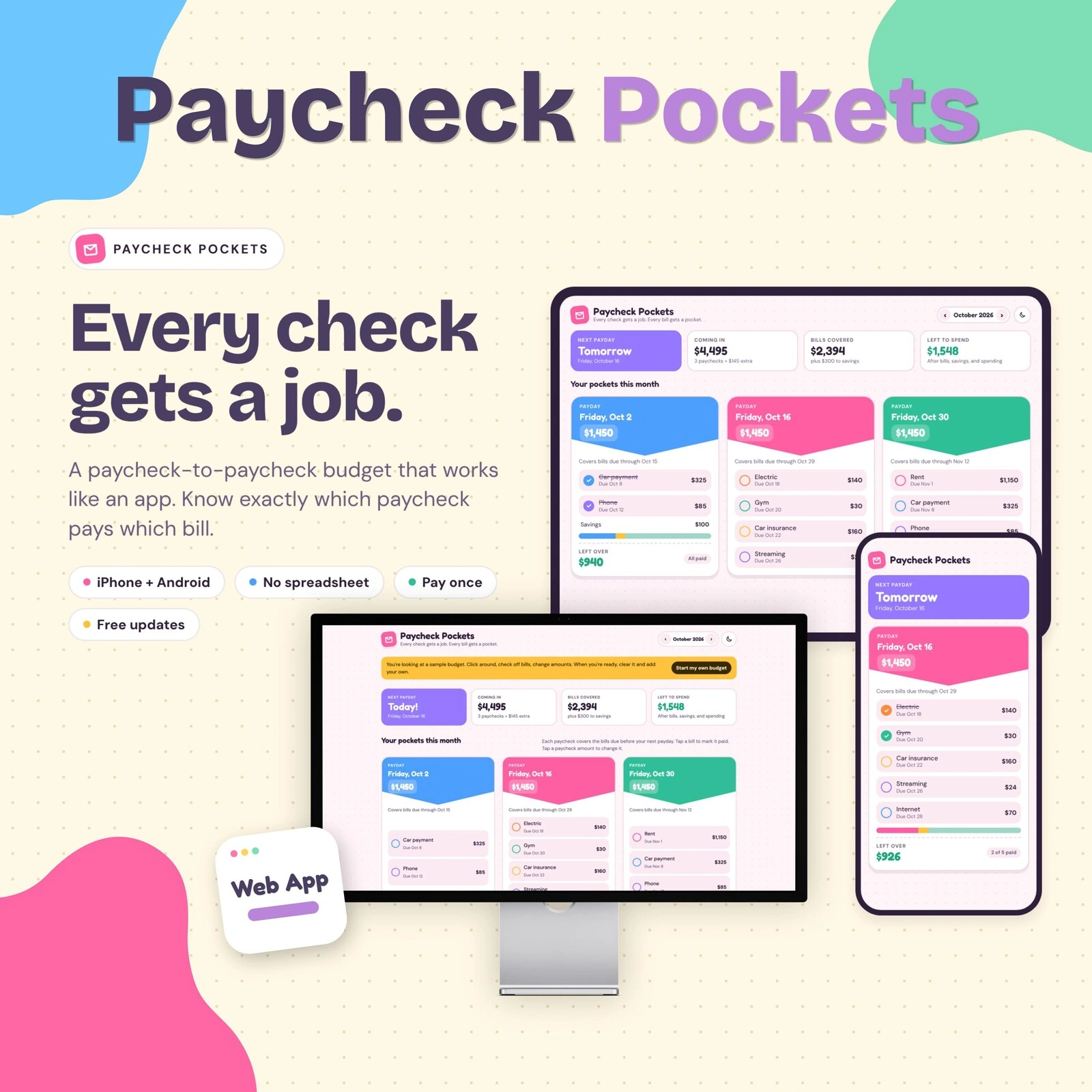 Paycheck Pockets budget app on a monitor, tablet and phone
