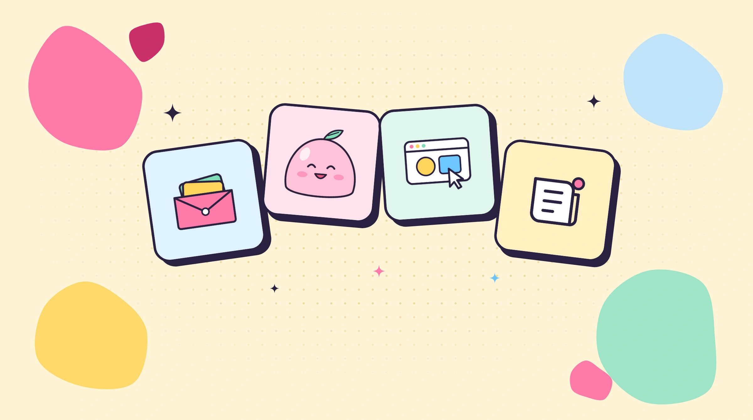 Keyz Designz illustrations: a budget envelope, the Pocket Mochi character, a design window and a newsletter