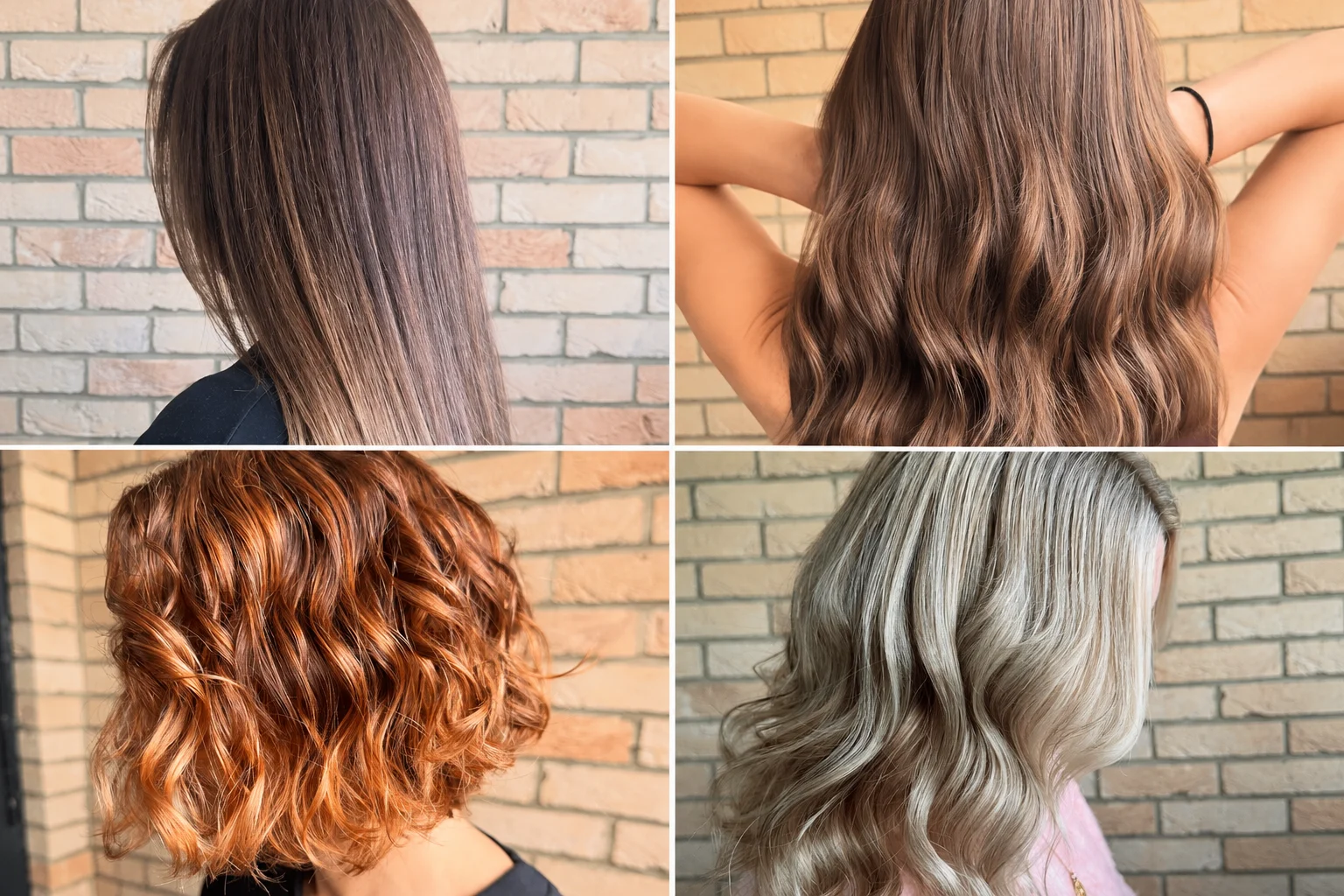 Four Lia Ryan hair-colour finishes: glossy brunette, dimensional brunette, copper curls, and soft blonde