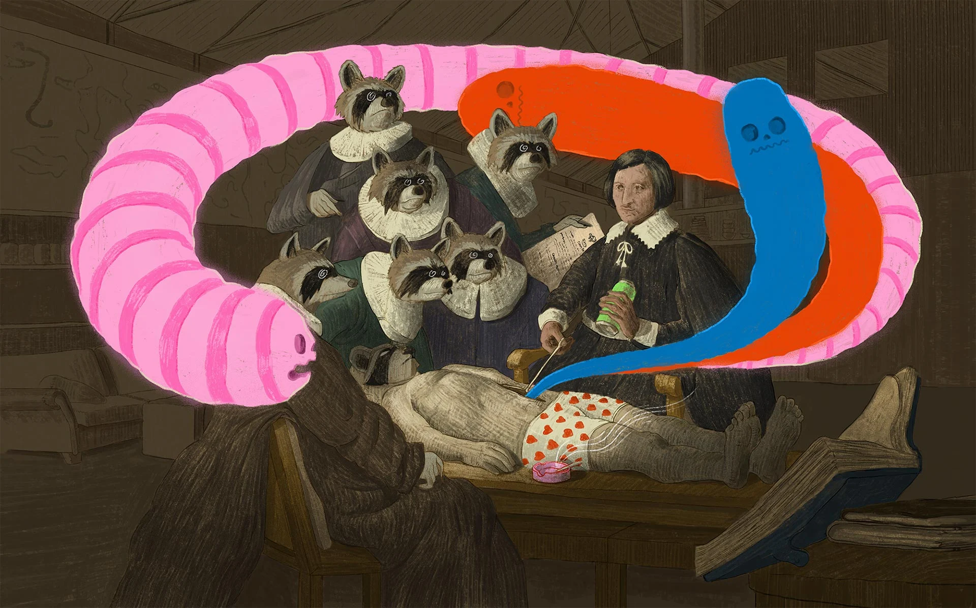 Ilustración surreal de Strange Brewing con criaturas de neón, mapaches y una escena antigua