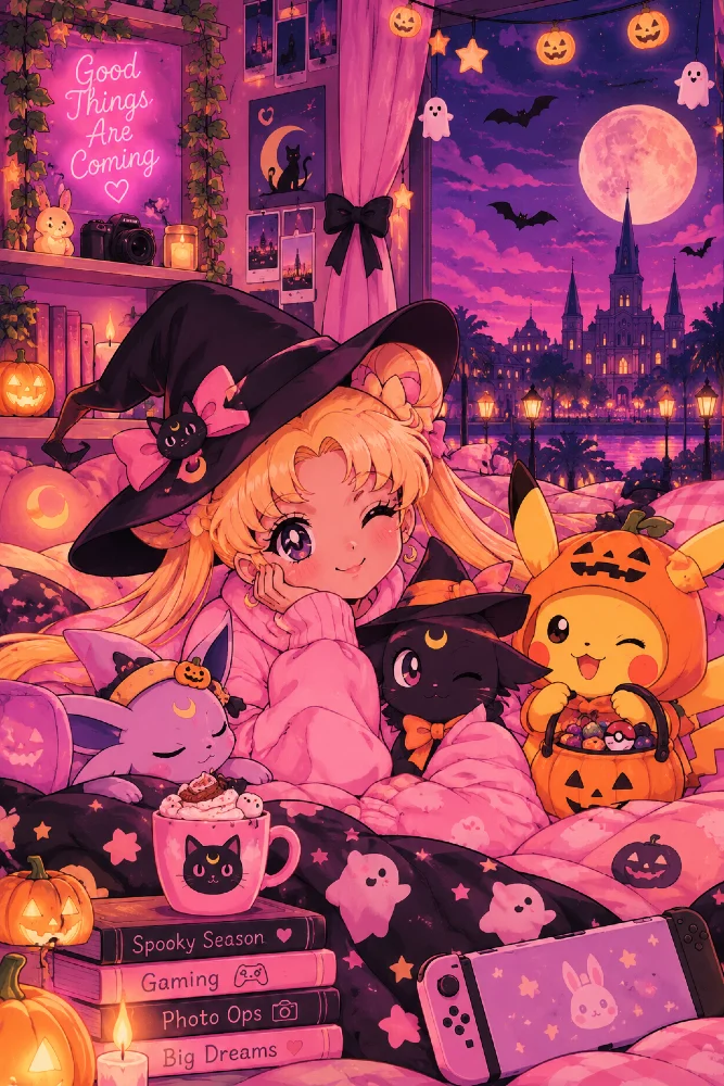 Anime girl in a witch hat with a black cat and a pumpkin basket under a full moon