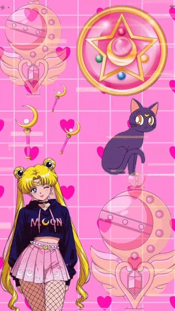 Sailor Moon in a pink pattern with her wands, brooch and Luna