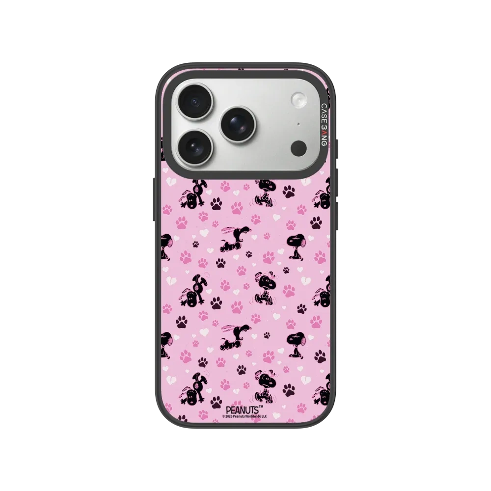 Pink phone case with black Snoopy paw prints