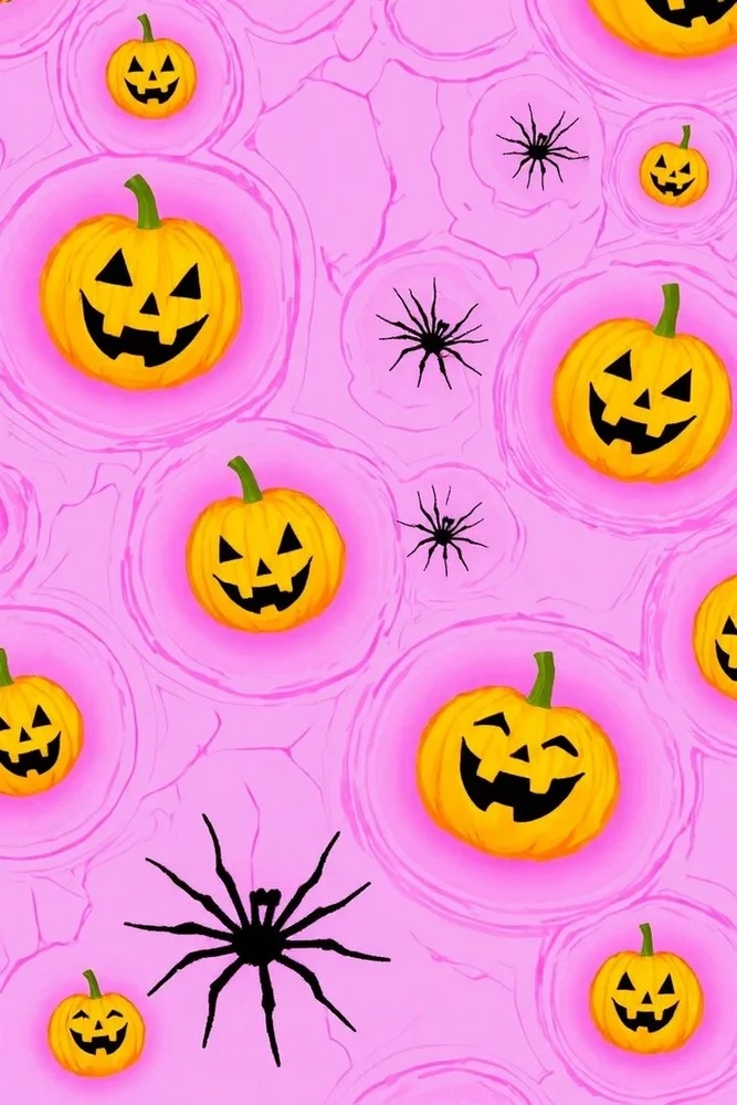 Jack-o’-lanterns and black spiders on a pink background