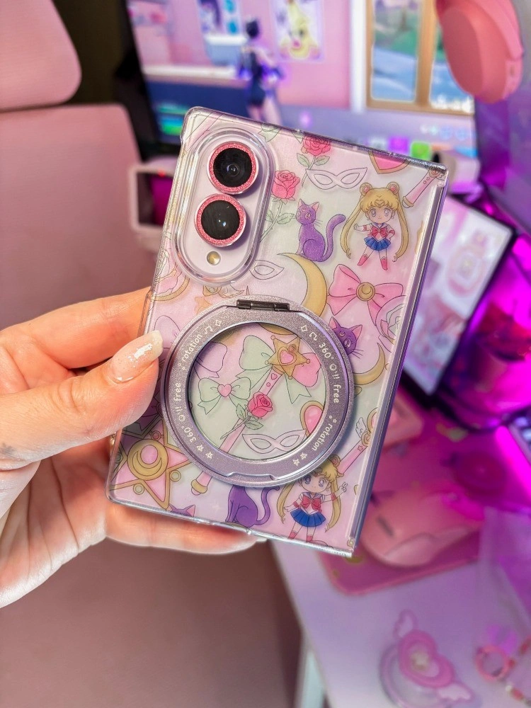 Galaxy Z Fold 8 in a clear Sailor Moon print case with a lilac ring grip