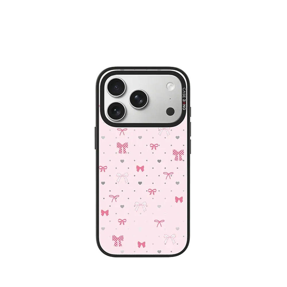 Clear phone case with a pink heart bow pattern