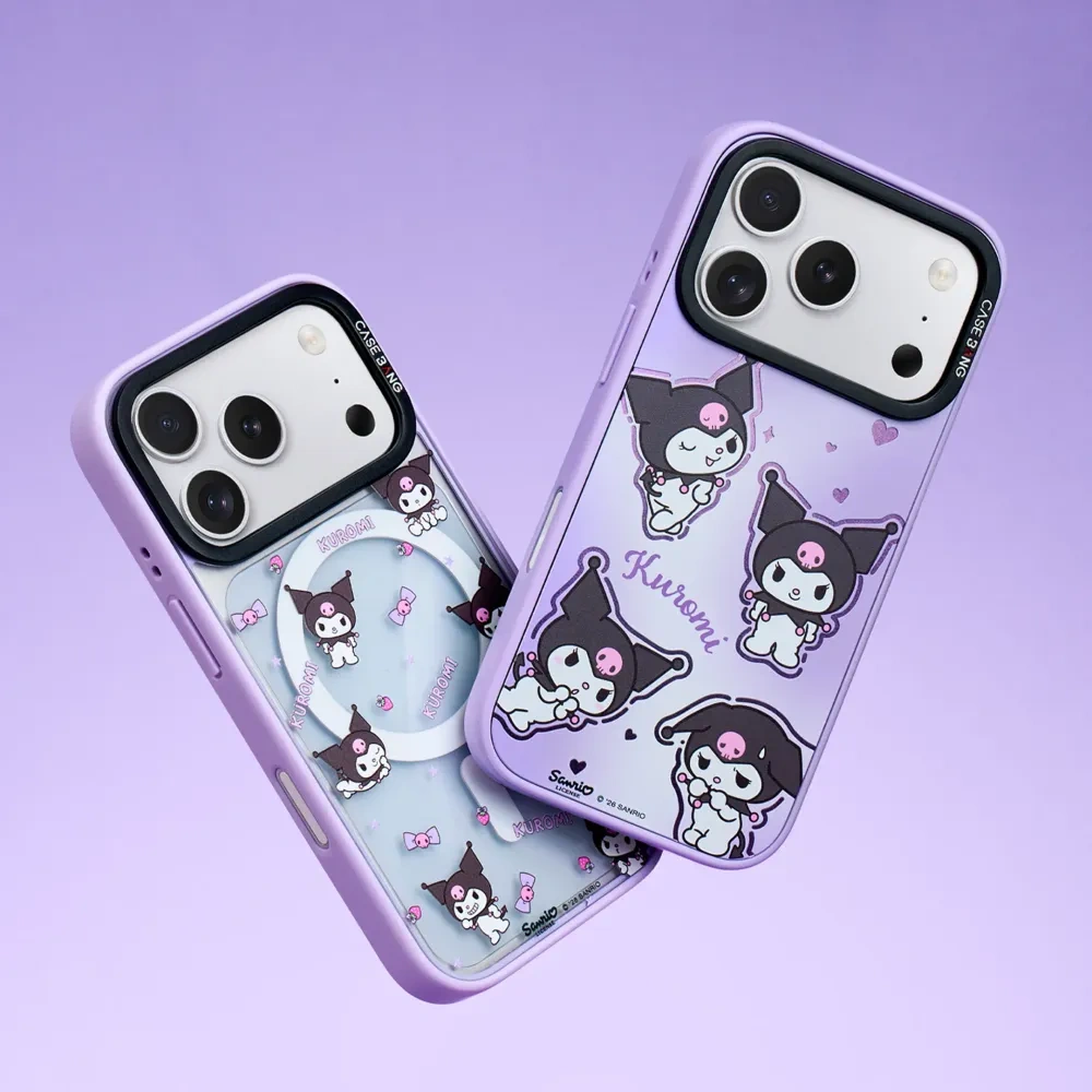 Two lilac phone cases with Kuromi snap-on covers