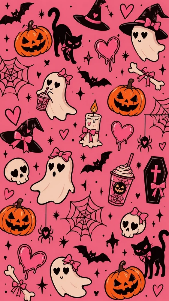 Pink Halloween pattern with ghosts, pumpkins, bats and cats