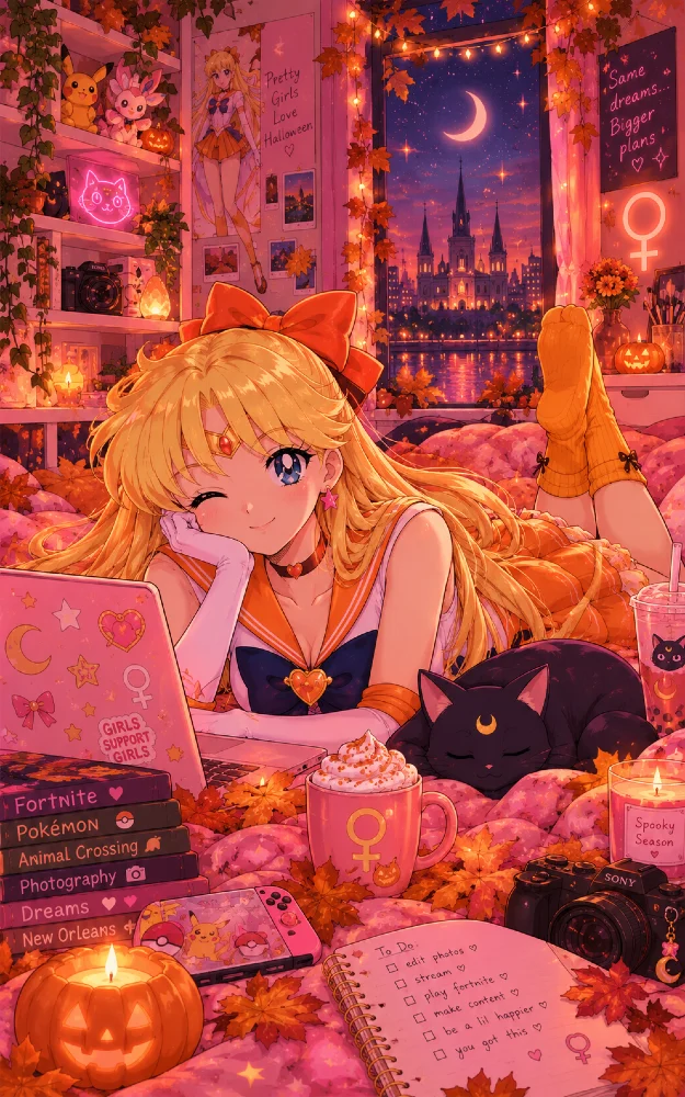 Anime girl in a cozy pink bedroom decorated for Halloween at dusk
