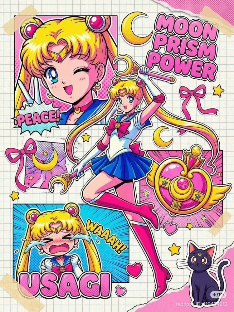 Sailor Moon comic-style poster with the words Moon Prism Power and Usagi