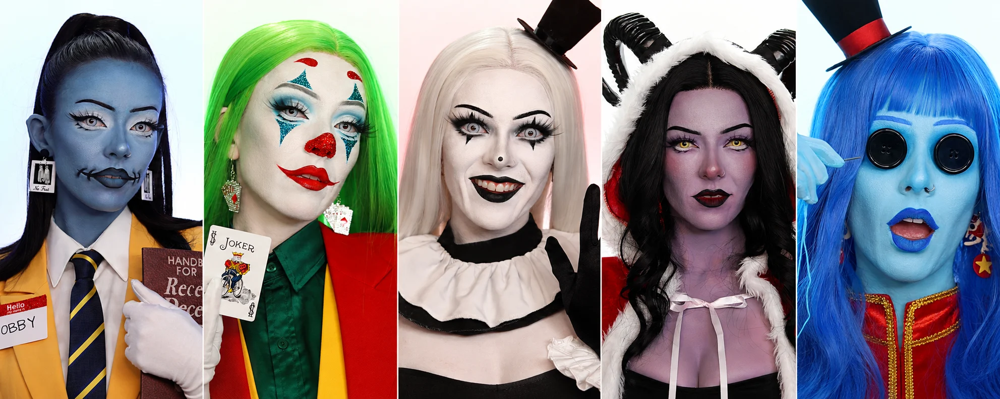 Five side-by-side Piper Artistry character makeup transformations