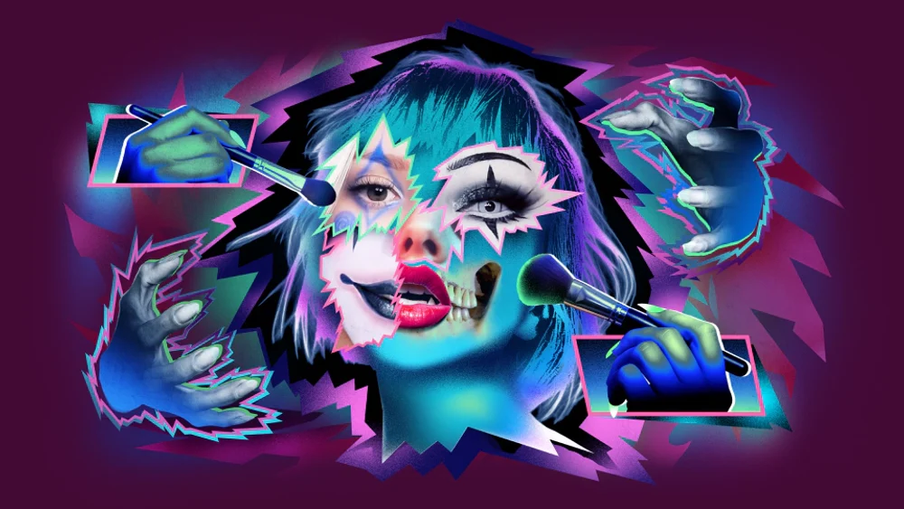 Neon illustrated collage celebrating transformative Halloween makeup