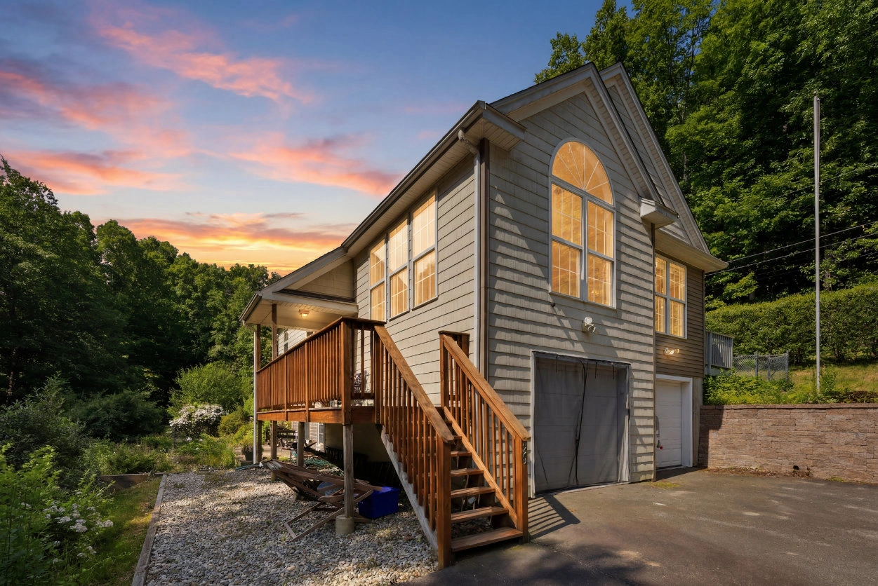 Raised ranch with a wooden stair deck at 29 Potter School Road in Willington, CT
