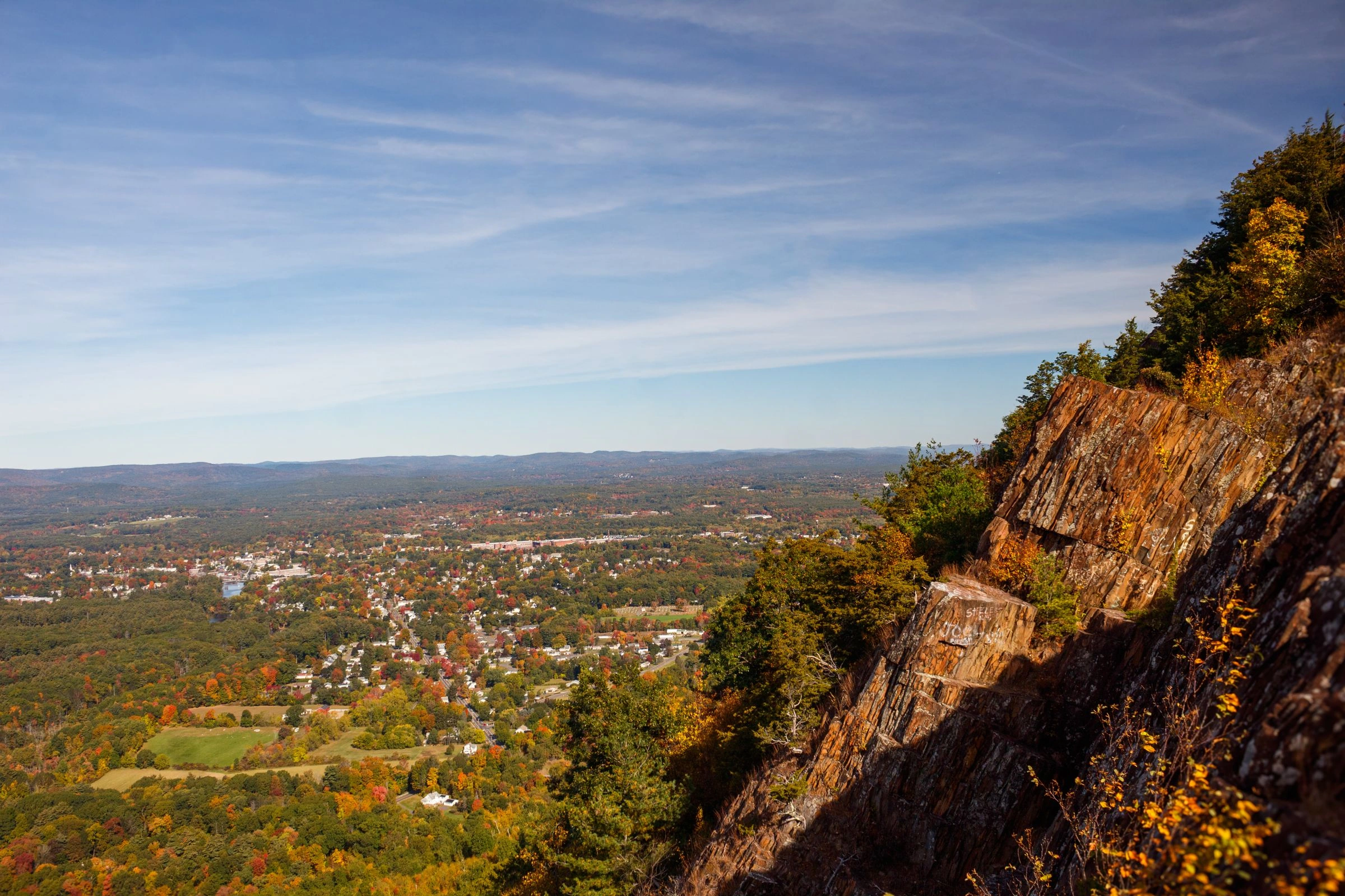 Autumn view over Holyoke, Massachusetts from a rocky cliff