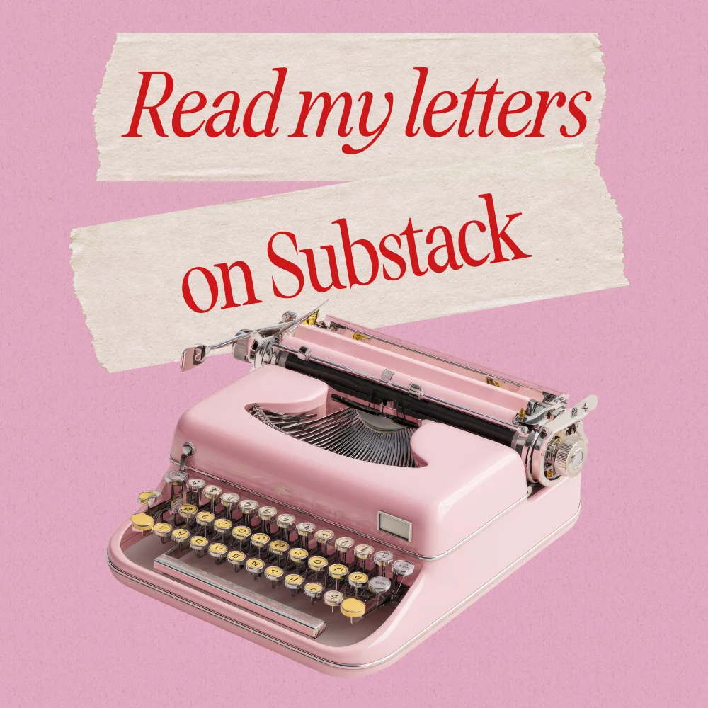 Read my letters on Substack, written on masking tape above a pink vintage typewriter