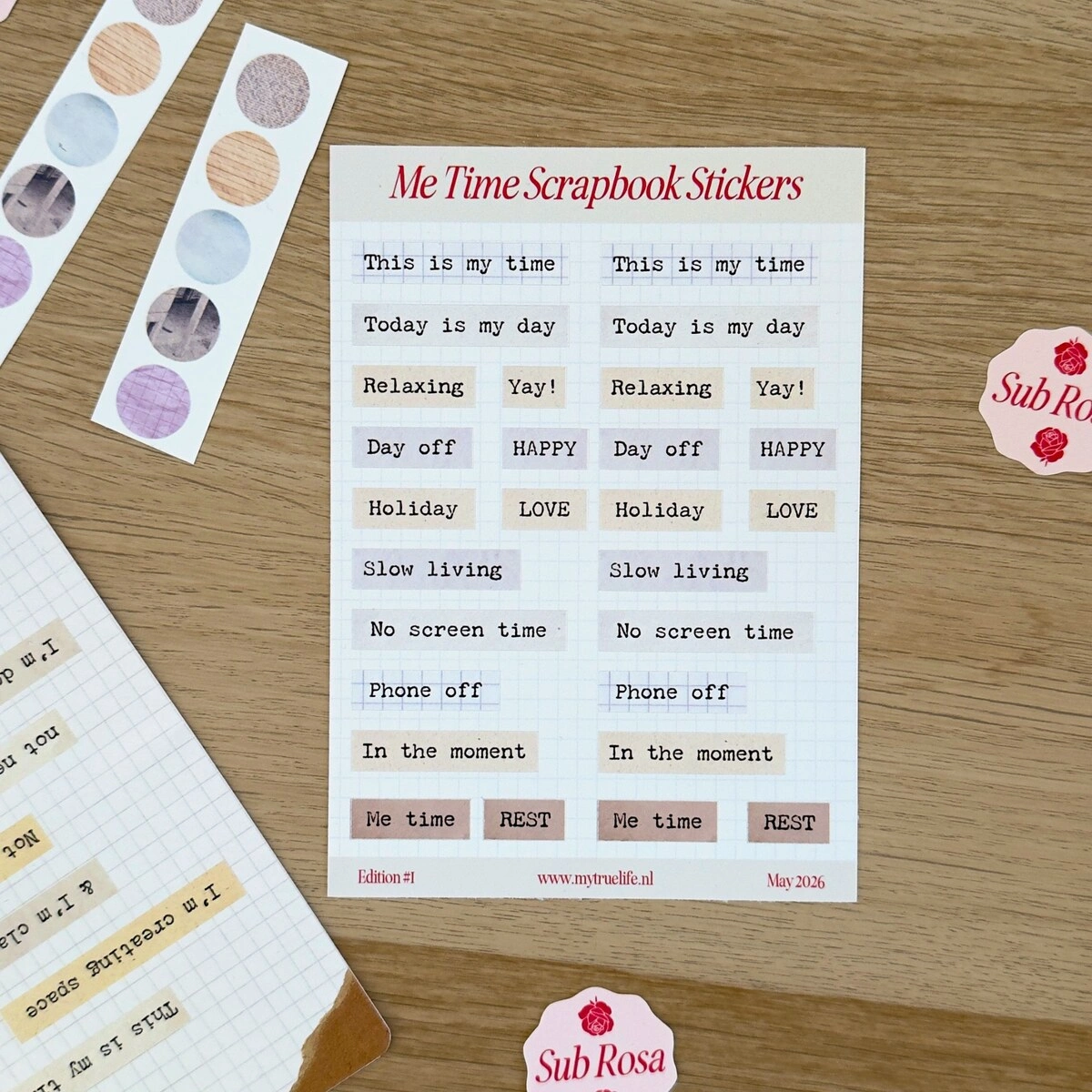 Me Time scrapbook word sticker sheet on a wooden desk