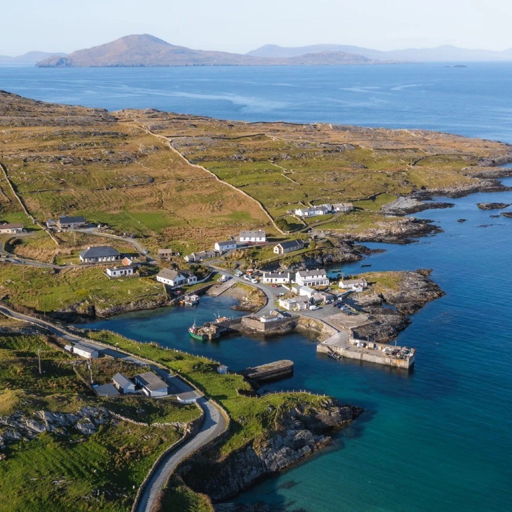 Aerial view of an island harbour off the Irish coast