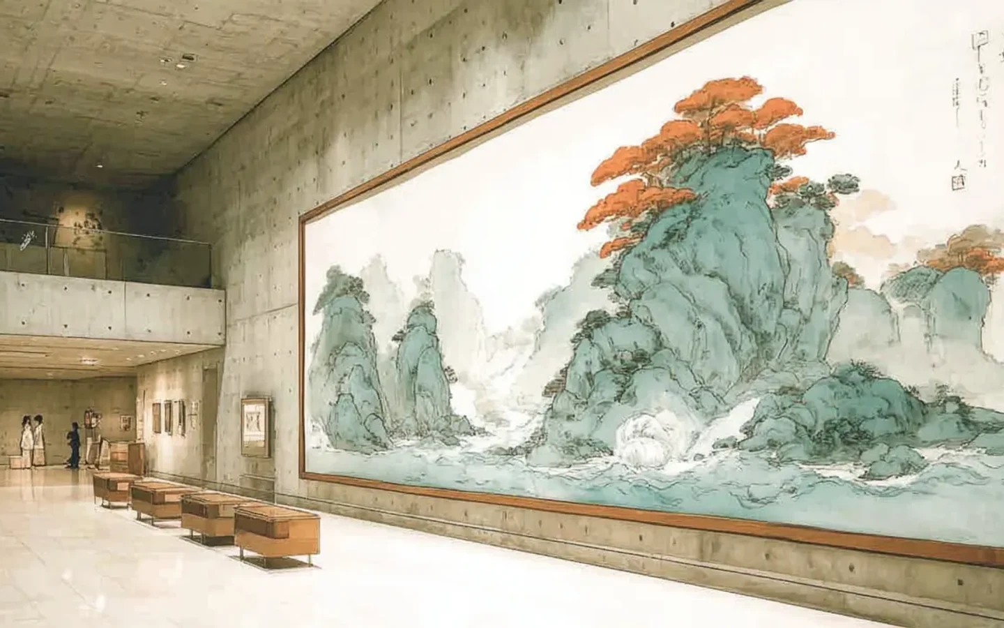 A spacious gallery with benches beside a large landscape painting of green mountains and orange trees