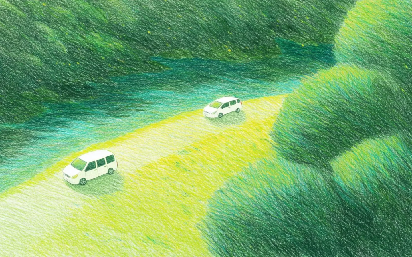 Two small cars traveling along a road through bright green fields
