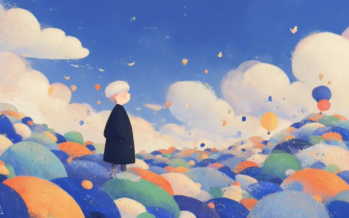A lone figure walking through a colorful landscape beneath oversized clouds