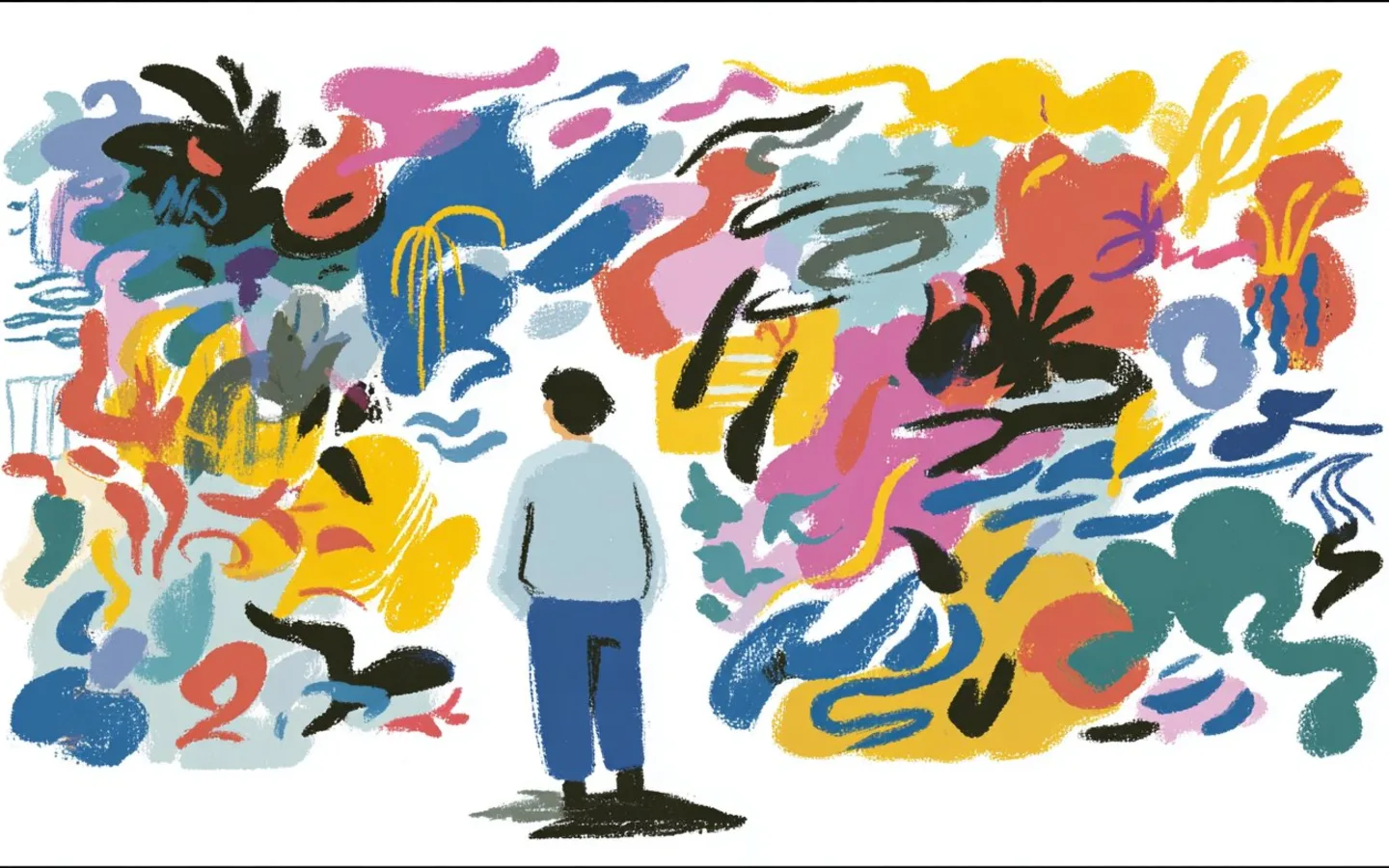 A person standing before a wall of colorful abstract marks