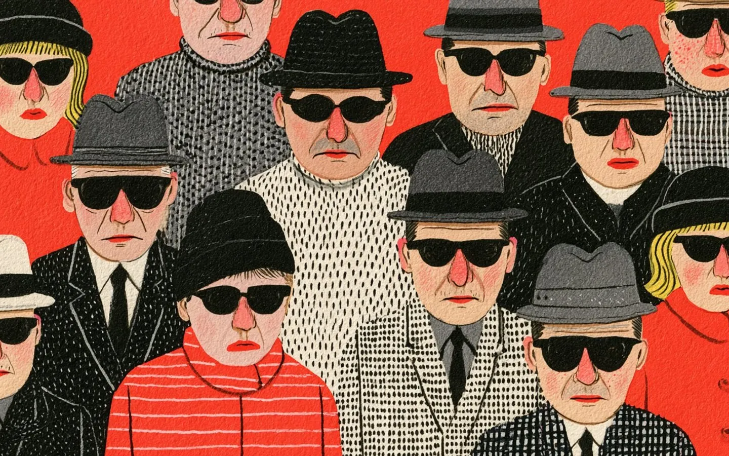 Illustrated crowd wearing patterned clothes, hats, and dark sunglasses against a red background
