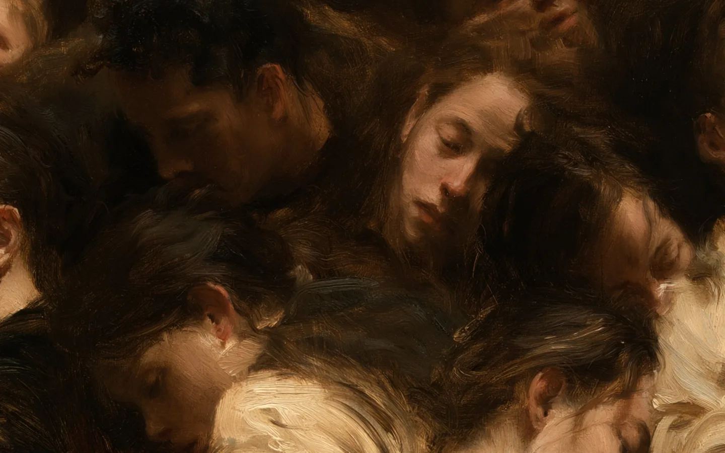 A dreamlike portrait of a person resting among dark textured fabric