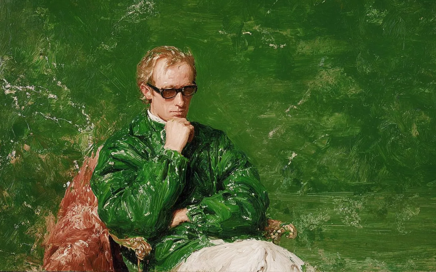 A fashion portrait rendered in layered shades of green