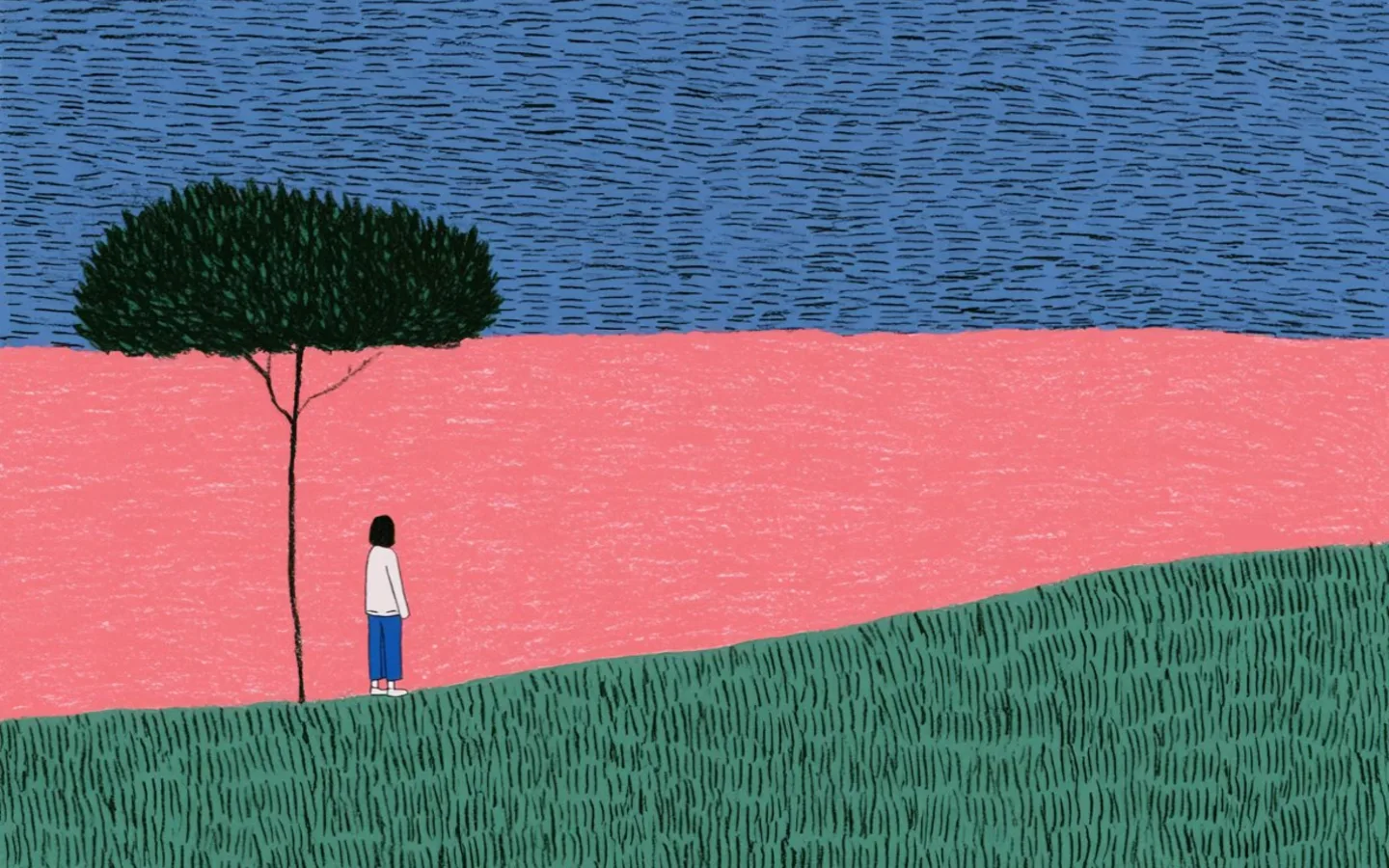 A lone tree and figure in a vivid color-block landscape