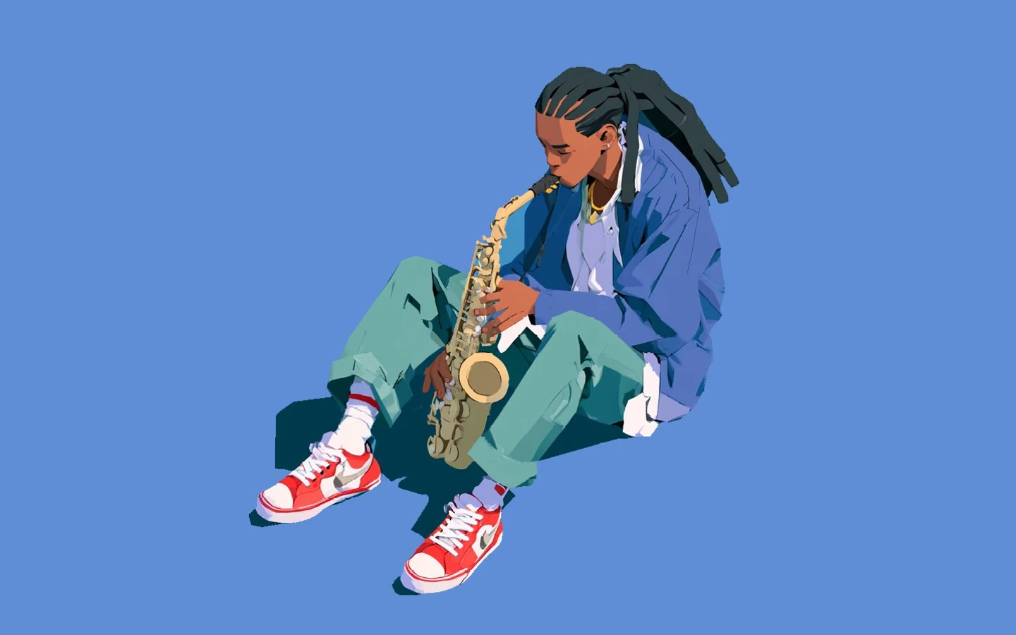 Illustration of a seated saxophonist in a blue jacket and green trousers against a blue background