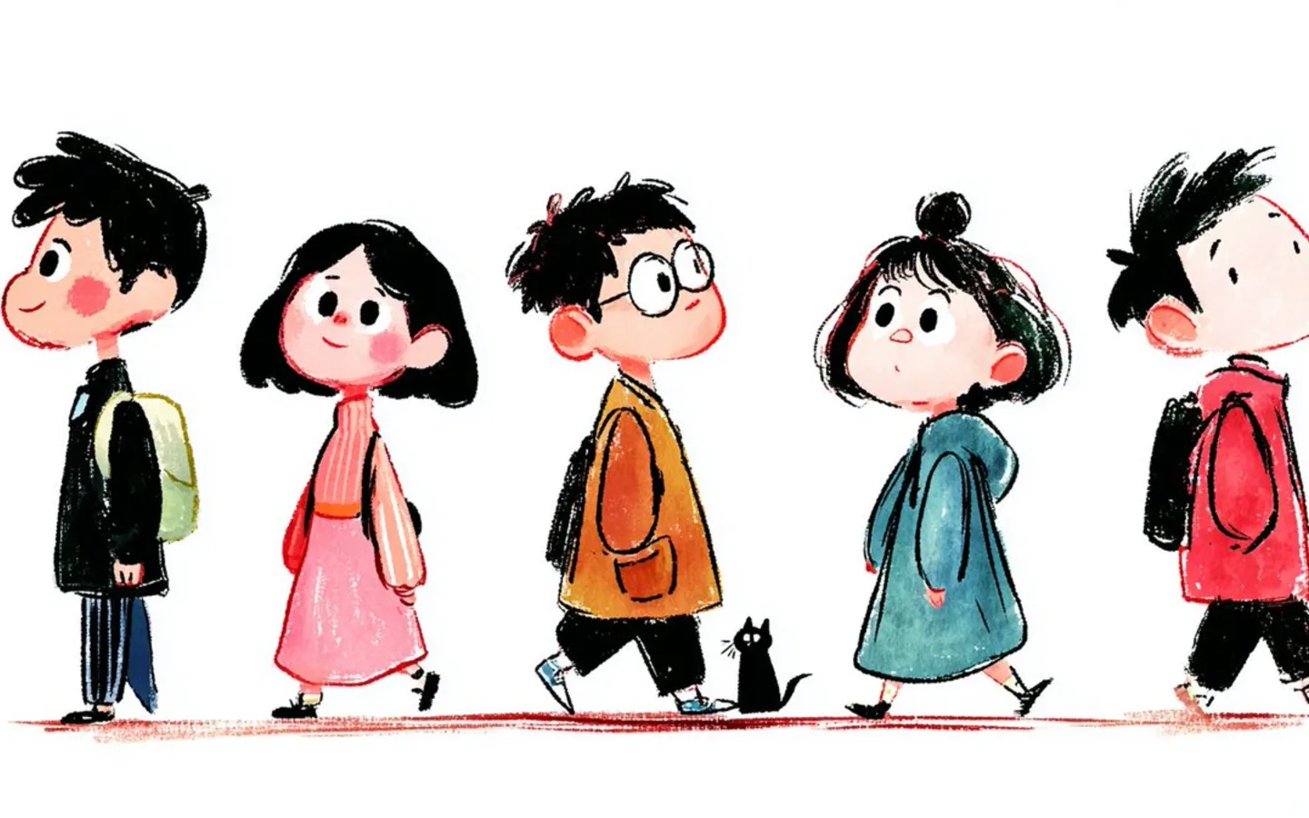A playful illustrated group of people standing in a row