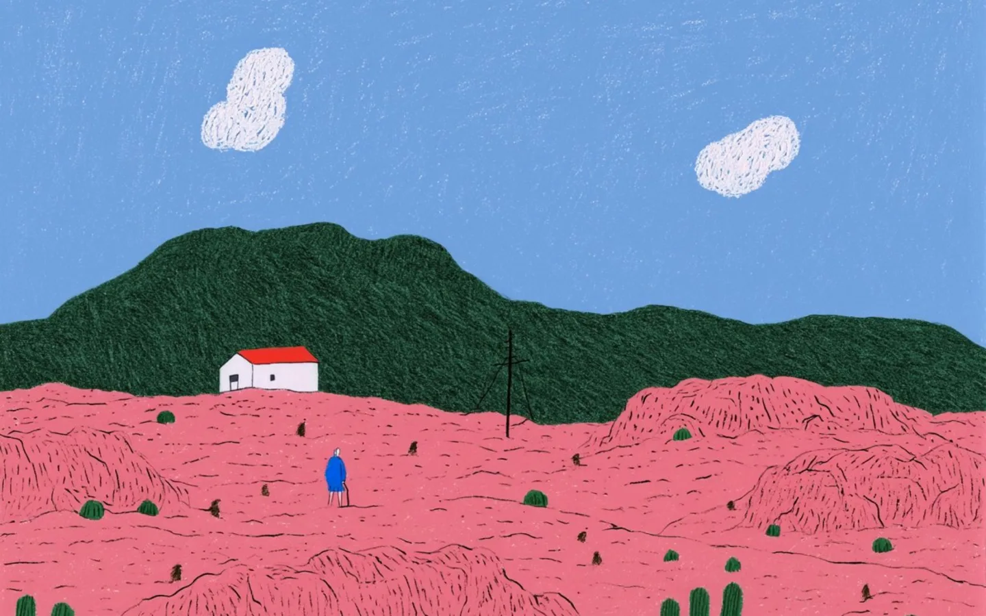 A small white house in a pink field beneath dark green mountains