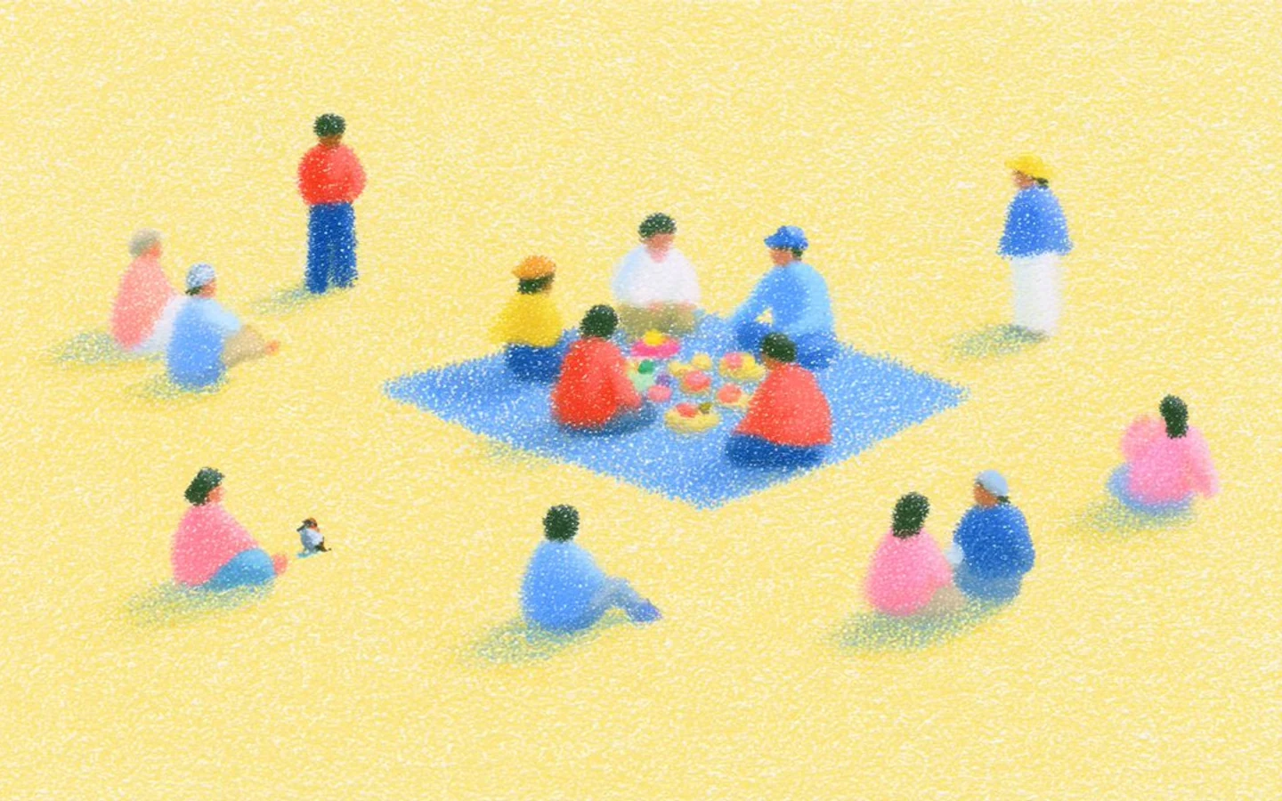 Colorful illustration of people gathering around a picnic blanket on a yellow field