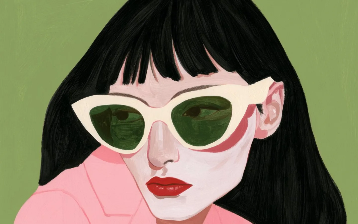 An illustrated portrait of a woman wearing green sunglasses
