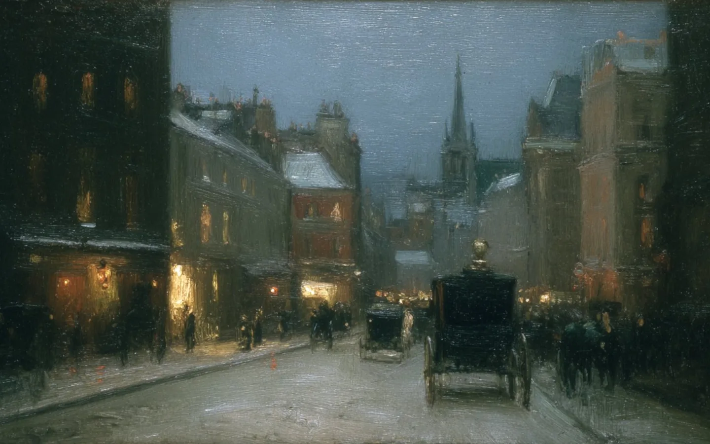 A painterly city street at dusk reflected in the rain