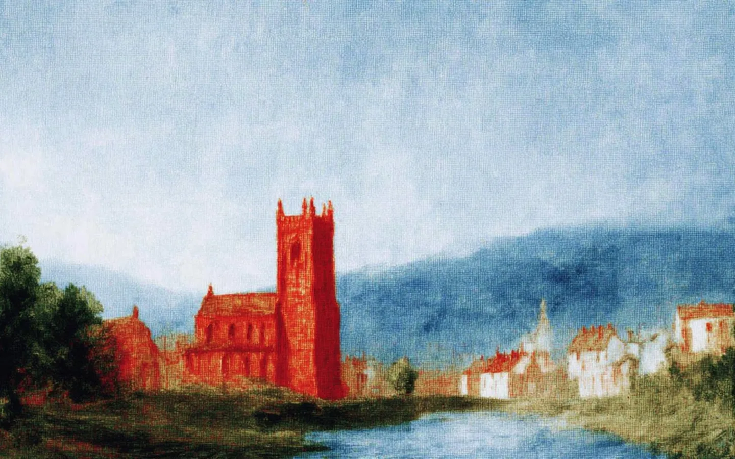 A red church and village painted against a pale mountain landscape