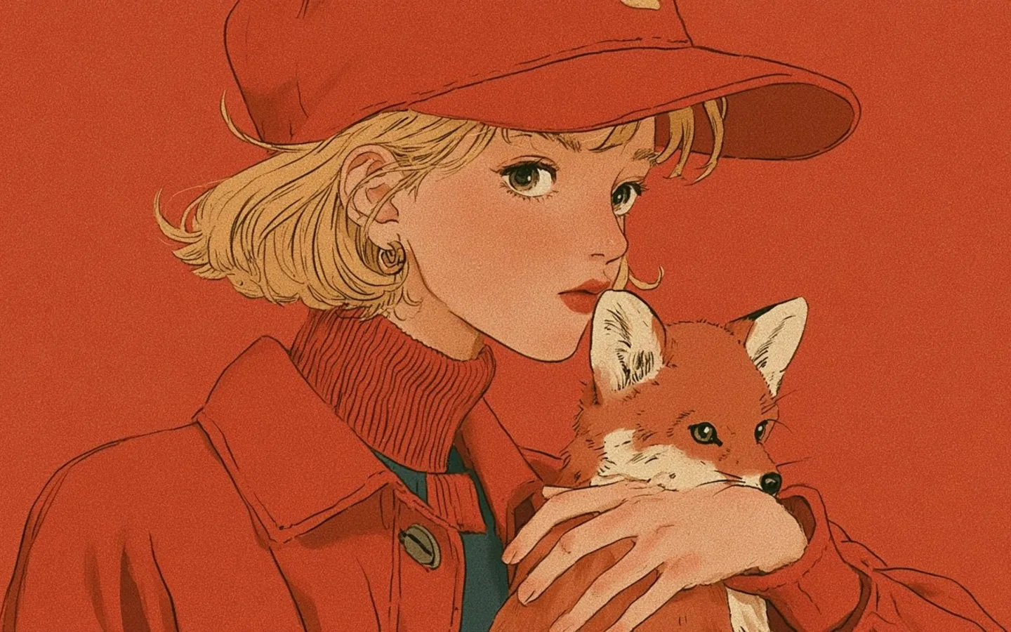 An illustrated figure in red clothing holding a fox